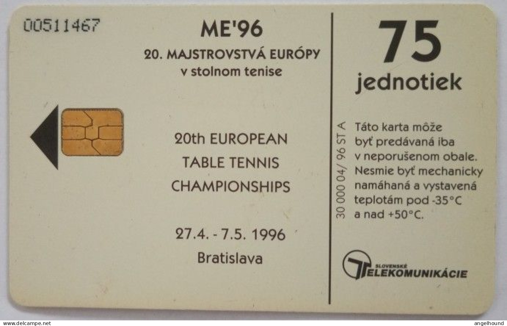 Slovakia 75 Units Chip Card - 20th European Championships ' 96 In Table Tennis - Eslovaquia