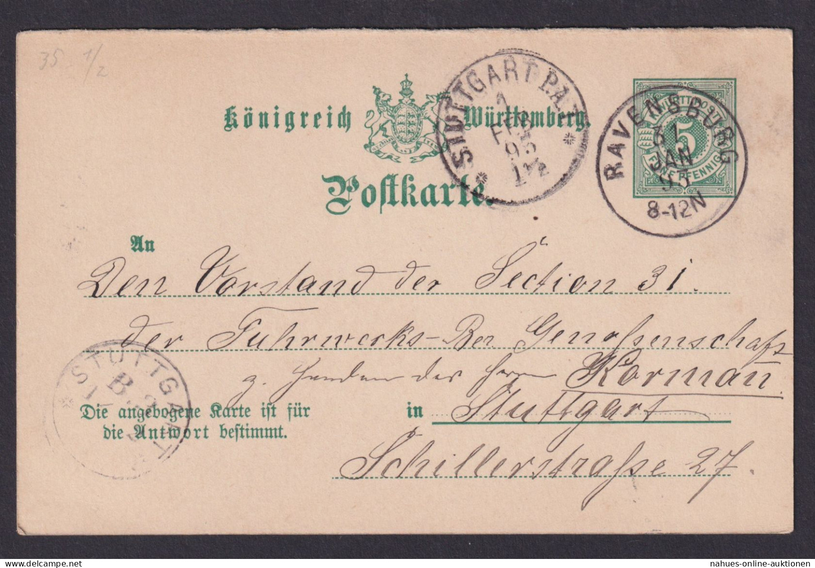 Ravensburg Königreich Württemberg Antwort Ganzsache Stuttgart 31.01.1895 - Postwaardestukken