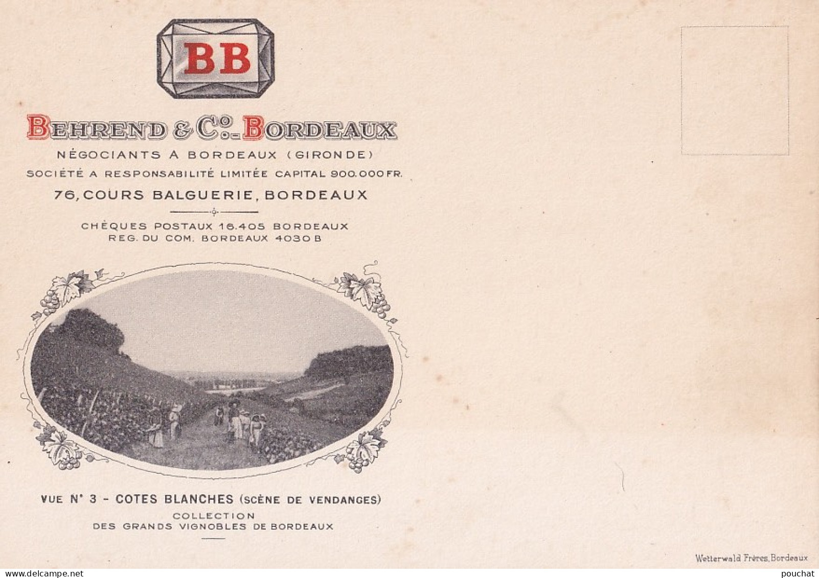 CARTE DE VISITE ANCIENNE ETS BEHREND AND CO BORDEAUX NEGOCIANTS VINS A BORDEAUX - CARTE N°3 - COTES BLANCHES - VENDANGES - Cartoncini Da Visita