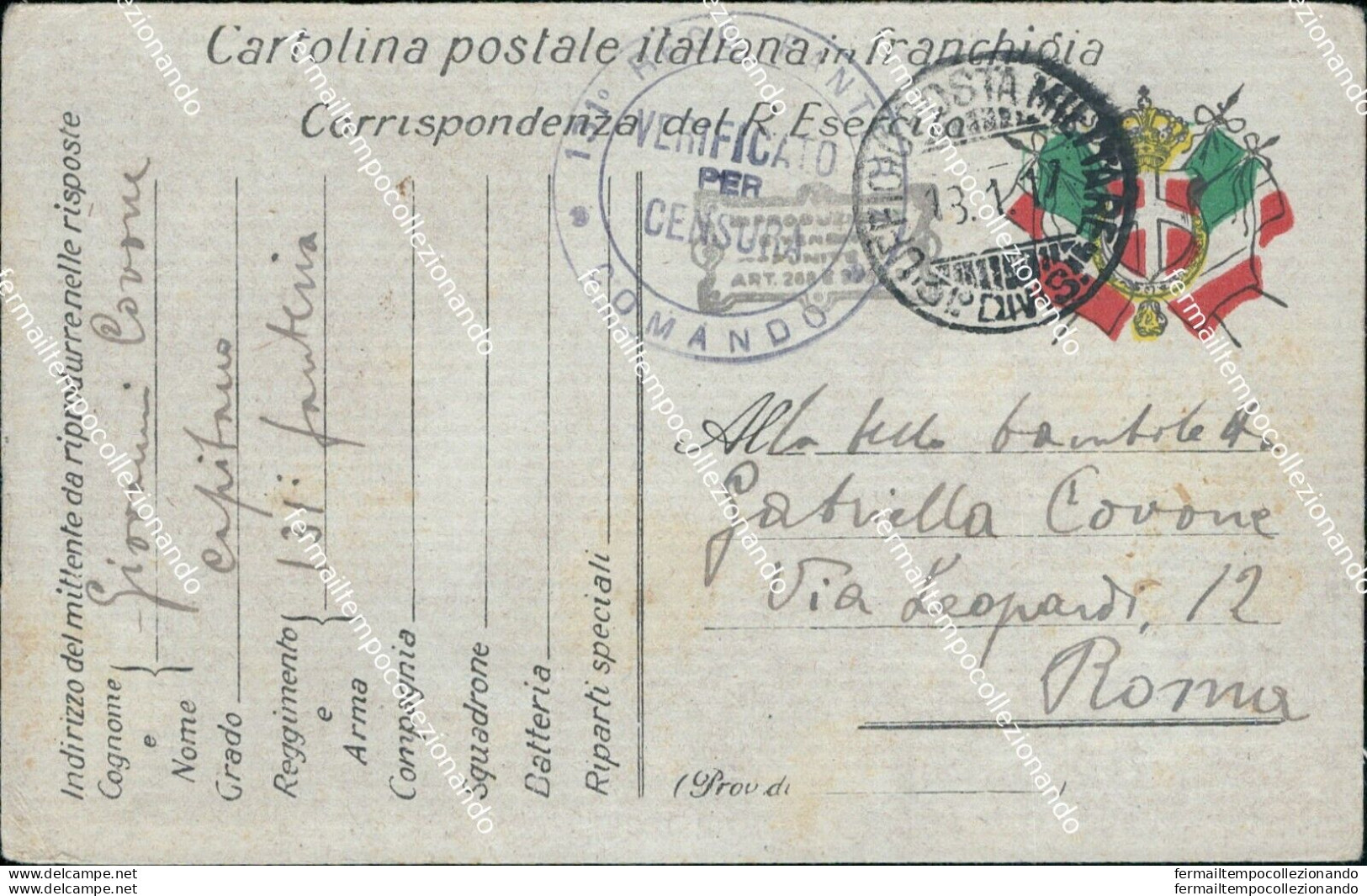 Bc366 Cartolina Franchigia Militare Www1 1917 Per Roma - Franchise