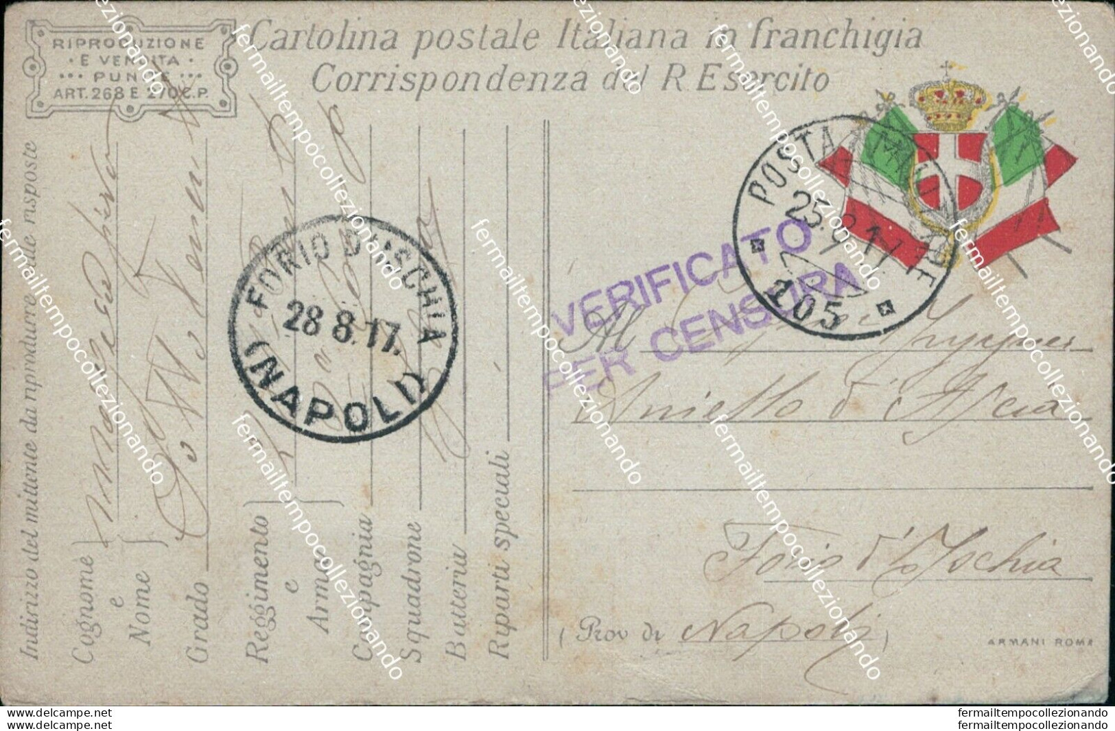 Bm467 Cartolina Cartolina In Franchigia Posta Militare 105 Per Forio D'ischia - Franchise