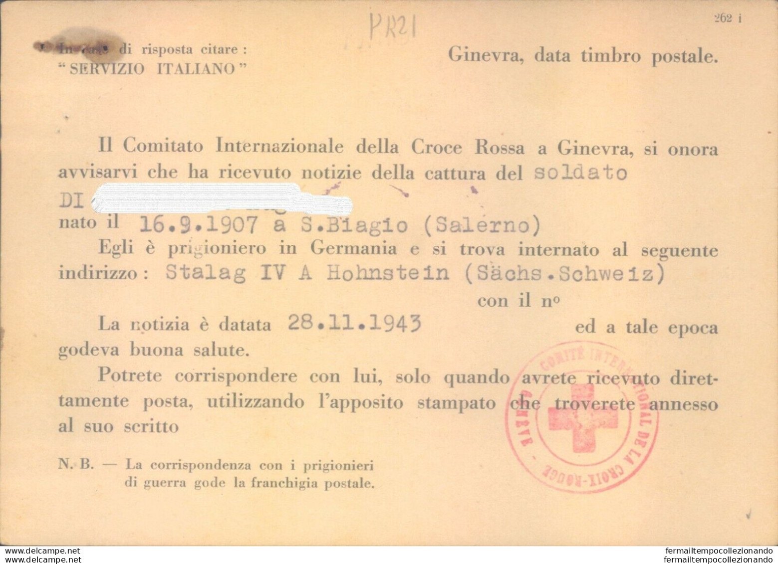 Pr21 -s.biagio-salerno Prigioniero Di Guerra In Germania  Notizie Croce Rossa - Portofreiheit