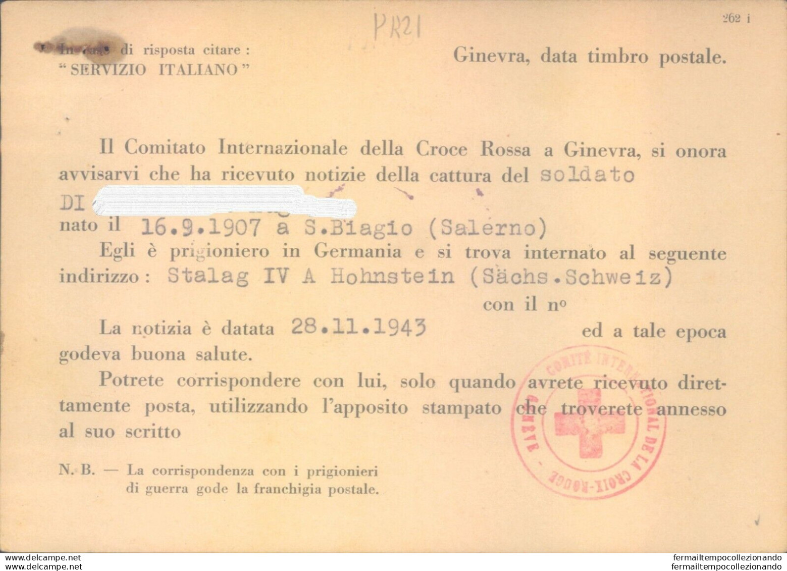 Pr21 -s.biagio-salerno Prigioniero Di Guerra In Germania  Notizie Croce Rossa - Franchise