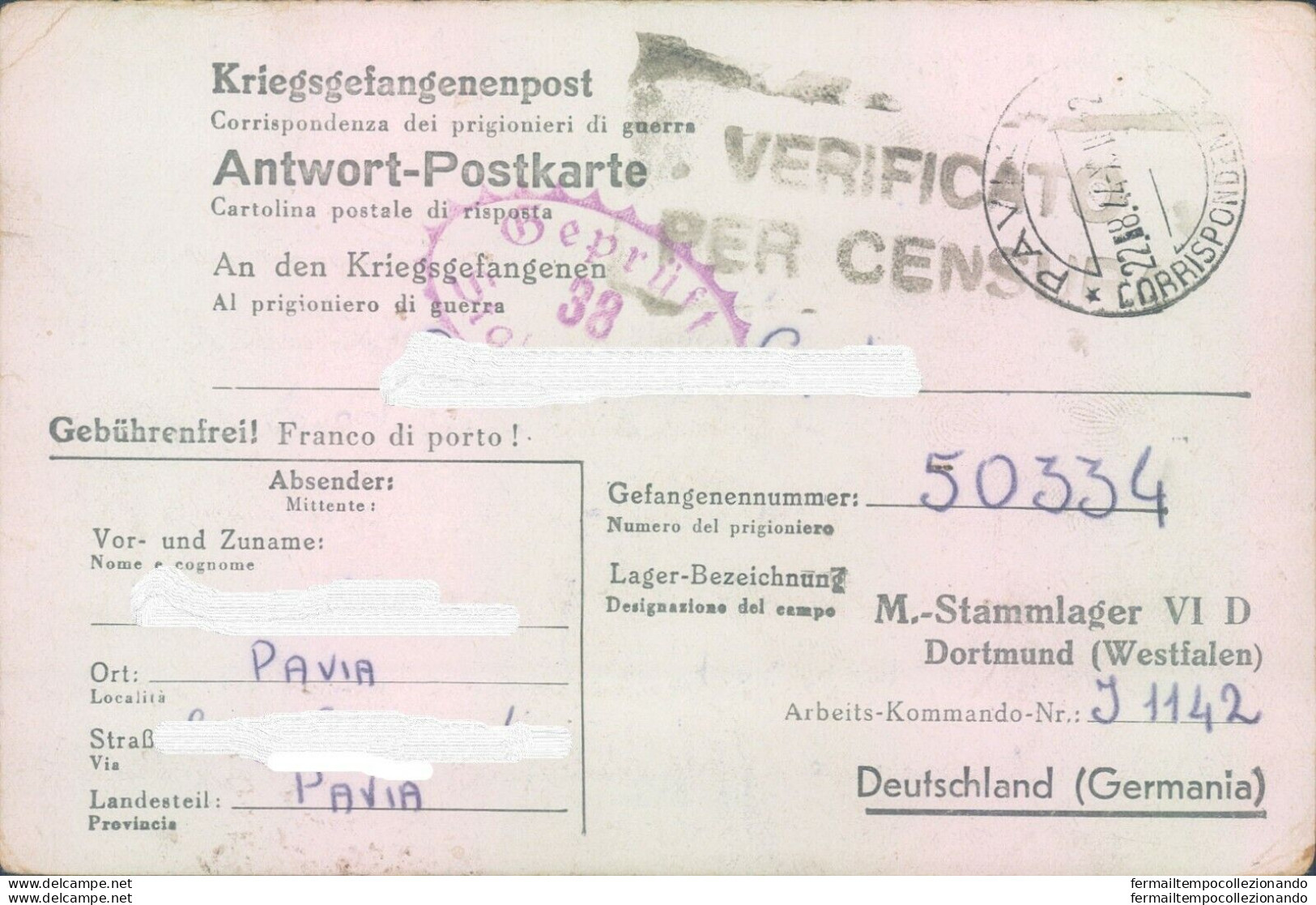 Pr63-pavia  Prigioniero Di Guerra In Germania Scrive Alla Sua Famiglia 1944 - Portofreiheit