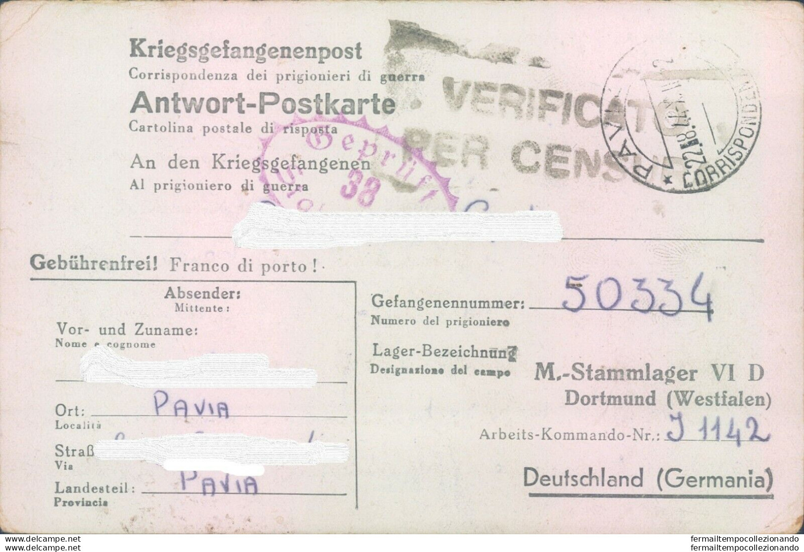 Pr63-pavia  Prigioniero Di Guerra In Germania Scrive Alla Sua Famiglia 1944 - Franchise