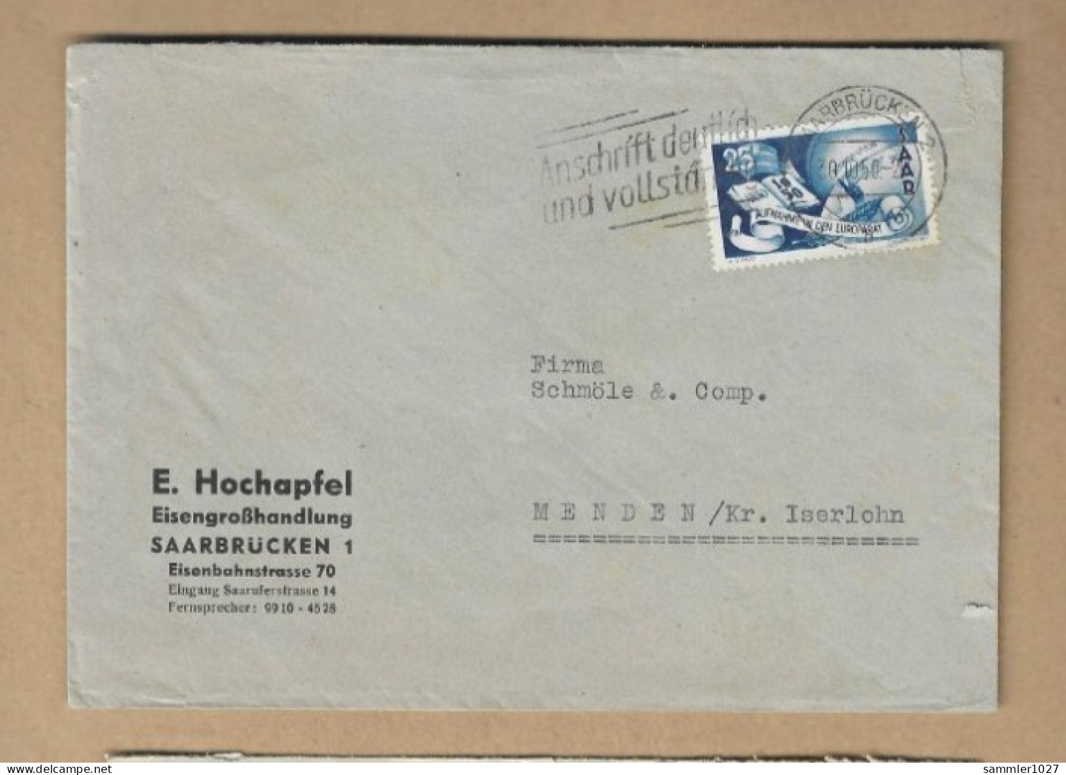 Los Vom 12.04 -  Heimatbeleg Aus Saarbrücken Nach Menden 1950 - Storia Postale