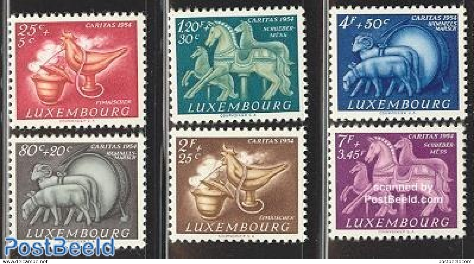 Luxemburg 1954 Caritas 6v, Unused (hinged), Nature - Performance Art - Various - Cattle - Horses - Poultry - Music - T.. - Neufs