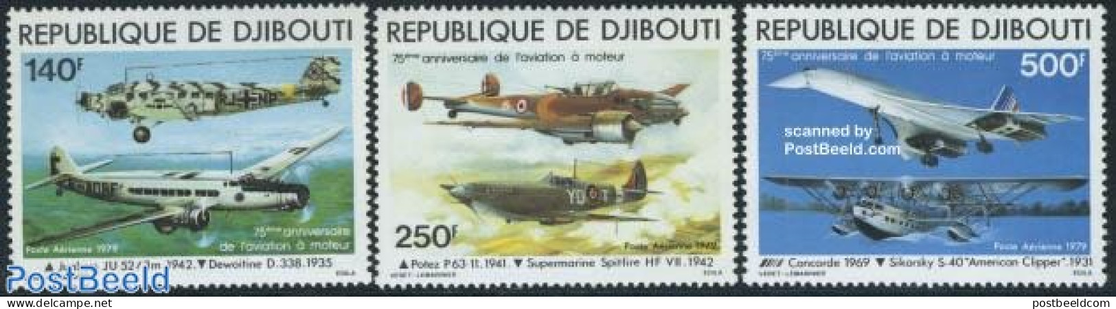 Djibouti 1979 75 Years Motorized Aviation 3v, Mint NH, Transport - Concorde - Aircraft & Aviation - Concorde