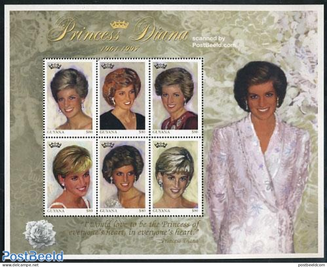 Guyana 1997 Death Of DIana 6v M/s, Mint NH, History - Charles & Diana - Kings & Queens (Royalty) - Familias Reales