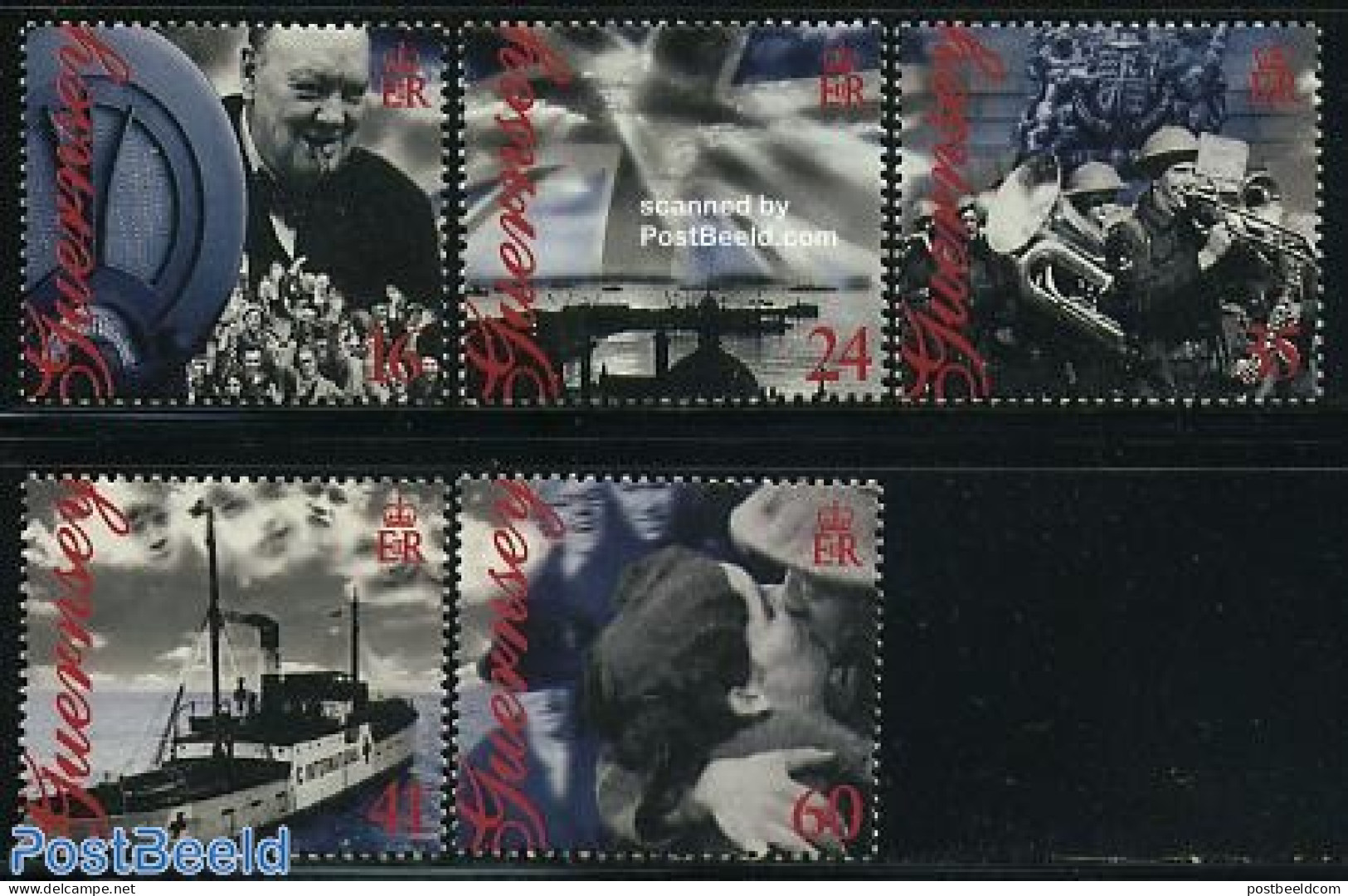 Guernsey 1995 End Of World War II 5v, Mint NH, History - Performance Art - Transport - Churchill - Militarism - World .. - Sir Winston Churchill