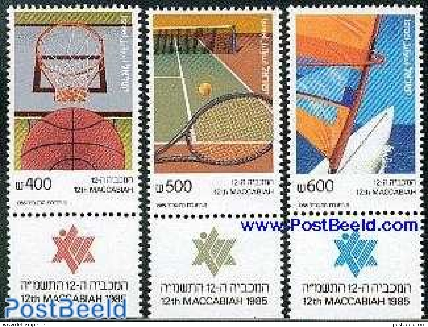 Israel 1985 Makkabiade 3v, Mint NH, Sport - Basketball - Sailing - Sport (other And Mixed) - Tennis - Nuevos (con Tab)