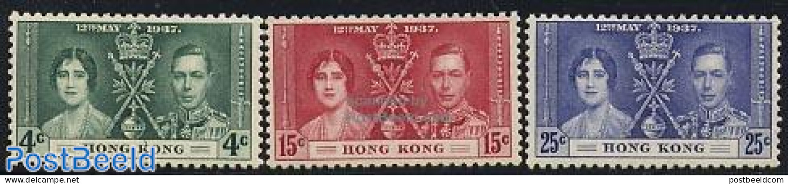 Hong Kong 1937 Coronation 3v, Mint NH, History - Kings & Queens (Royalty) - Nuovi