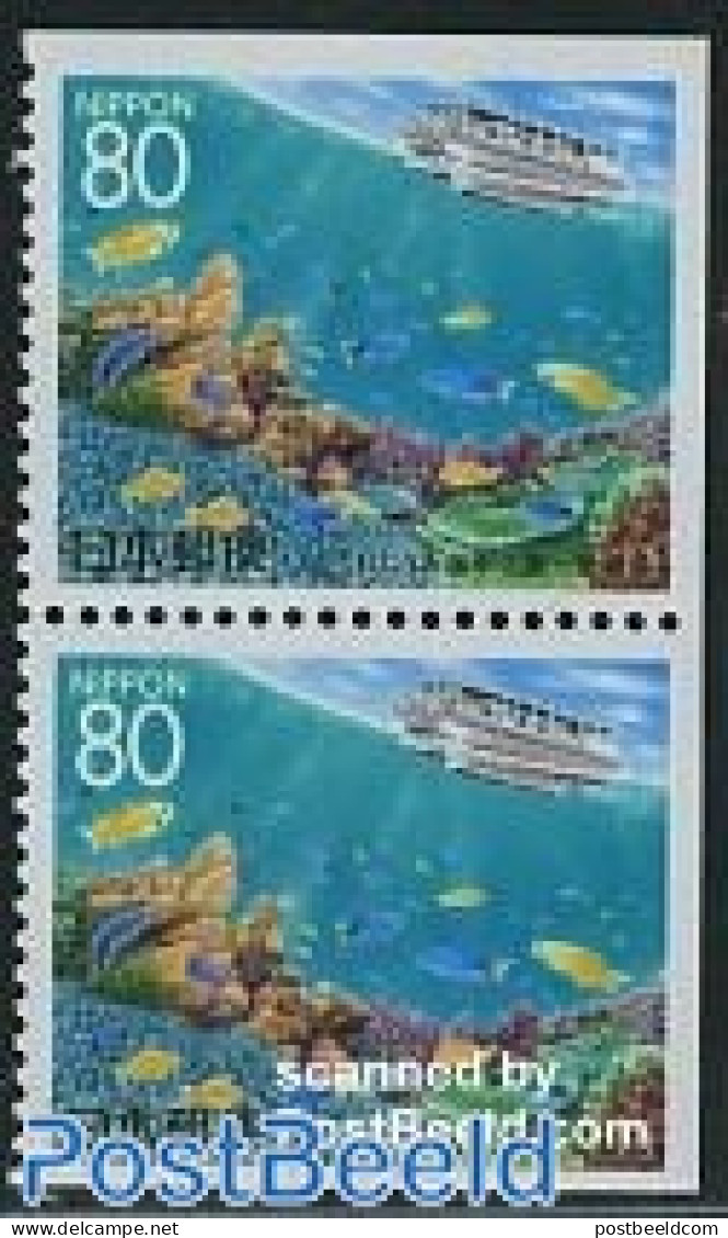 Japan 1996 Ehime Booklet Bottom Pair, Mint NH, Nature - Transport - Fish - Ships And Boats - Nuevos