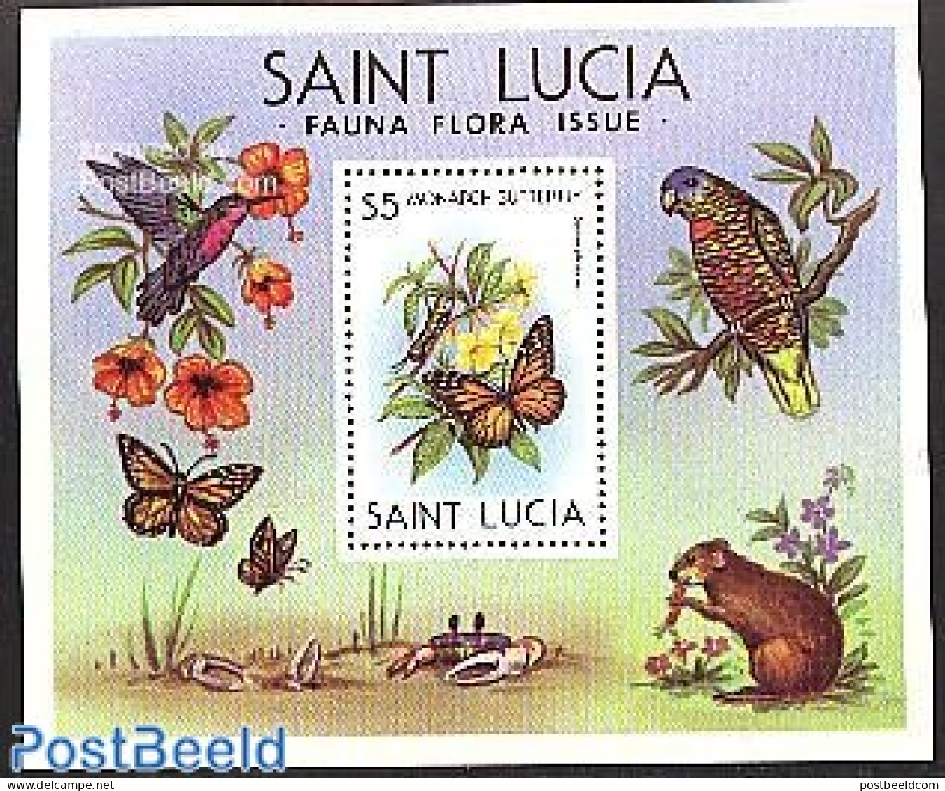 Saint Lucia 1980 Flora & Fauna S/s, Mint NH, Nature - Birds - Butterflies - Flowers & Plants - Parrots - St.Lucie (1979-...)