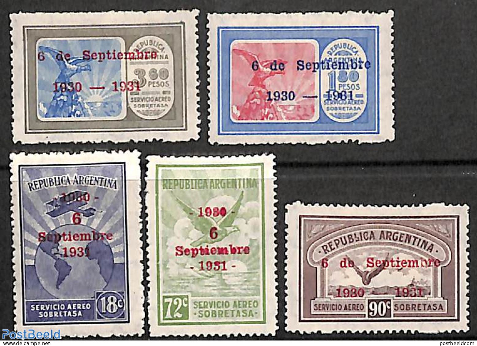 Argentina 1931 Revolution 5v On Airmail, Unused (hinged), Nature - Various - Birds - Globes - Maps - Neufs