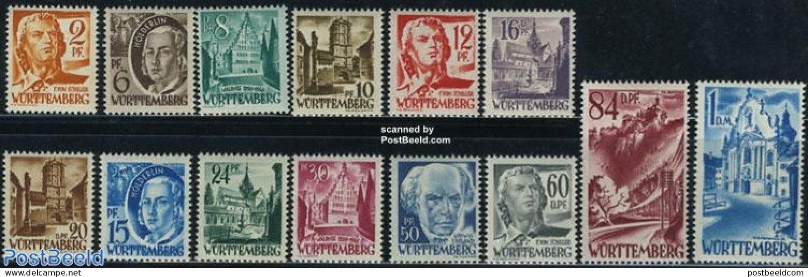 Germany, French Zone 1948 Wurttemberg, Definitives 14v, Unused (hinged), Religion - Churches, Temples, Mosques, Synago.. - Churches & Cathedrals