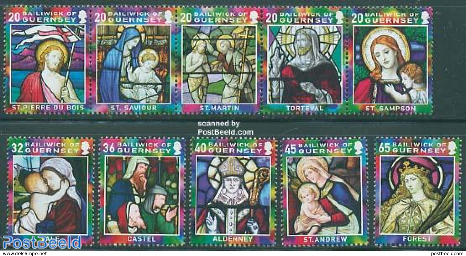 Guernsey 2005 Christmas 10v (5v+[::::]), Mint NH, Religion - Christmas - Saint Nicholas - Art - Stained Glass And Wind.. - Weihnachten