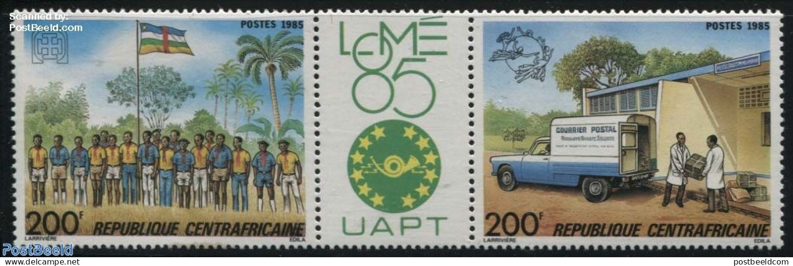 Central Africa 1985 Philexafrique 2v+tab [:T:], Mint NH, History - Sport - Transport - Flags - Scouting - U.P.U. - Aut.. - U.P.U.