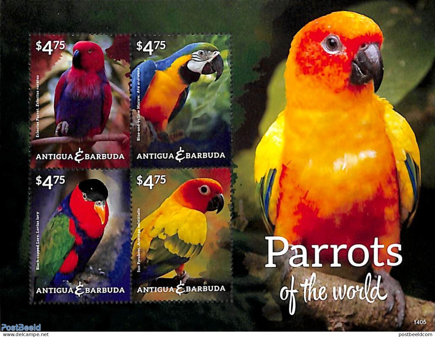 Antigua & Barbuda 2014 Parrots 4v M/s, Mint NH, Nature - Birds - Parrots - Antigua Et Barbuda (1981-...)