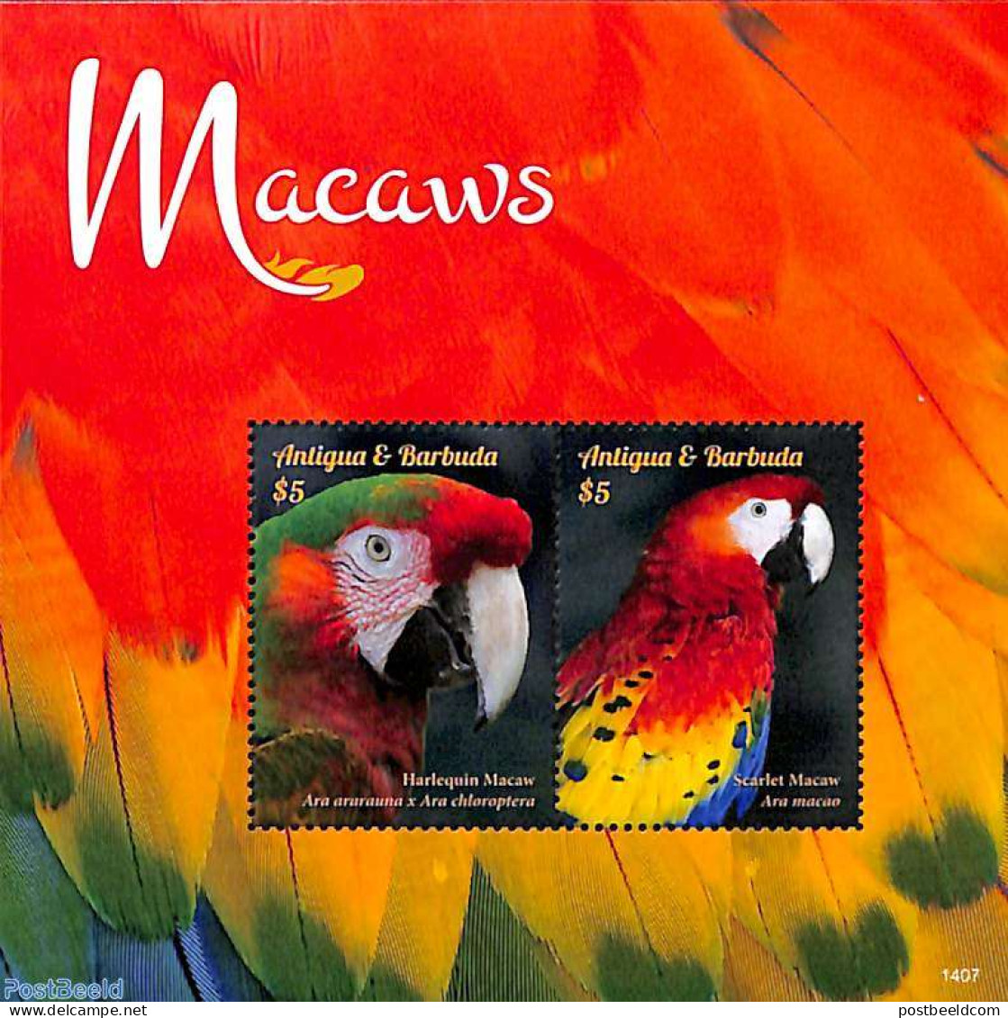 Antigua & Barbuda 2014 Macaws 2v M/s, Mint NH, Nature - Birds - Parrots - Antigua Und Barbuda (1981-...)