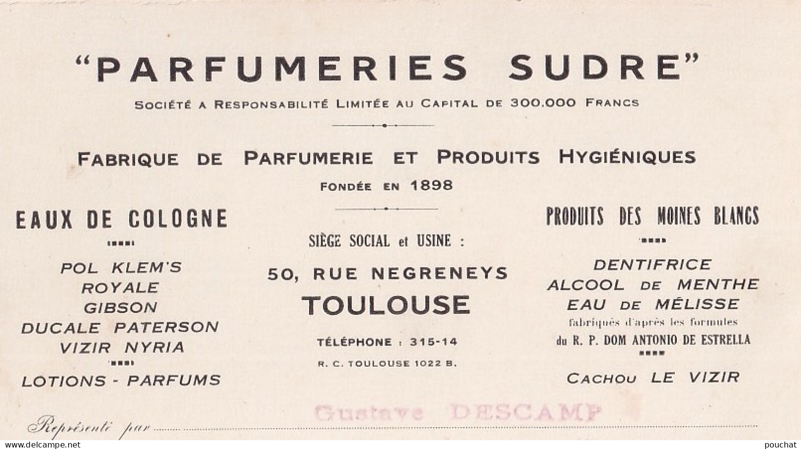 31) TOULOUSE - PARFUMERIE SUDRE - EAUX DE COLOGNE - PRODUITS DES MOINES BLANCS - 50 RUE NEGRENEYS  - Visitekaartjes
