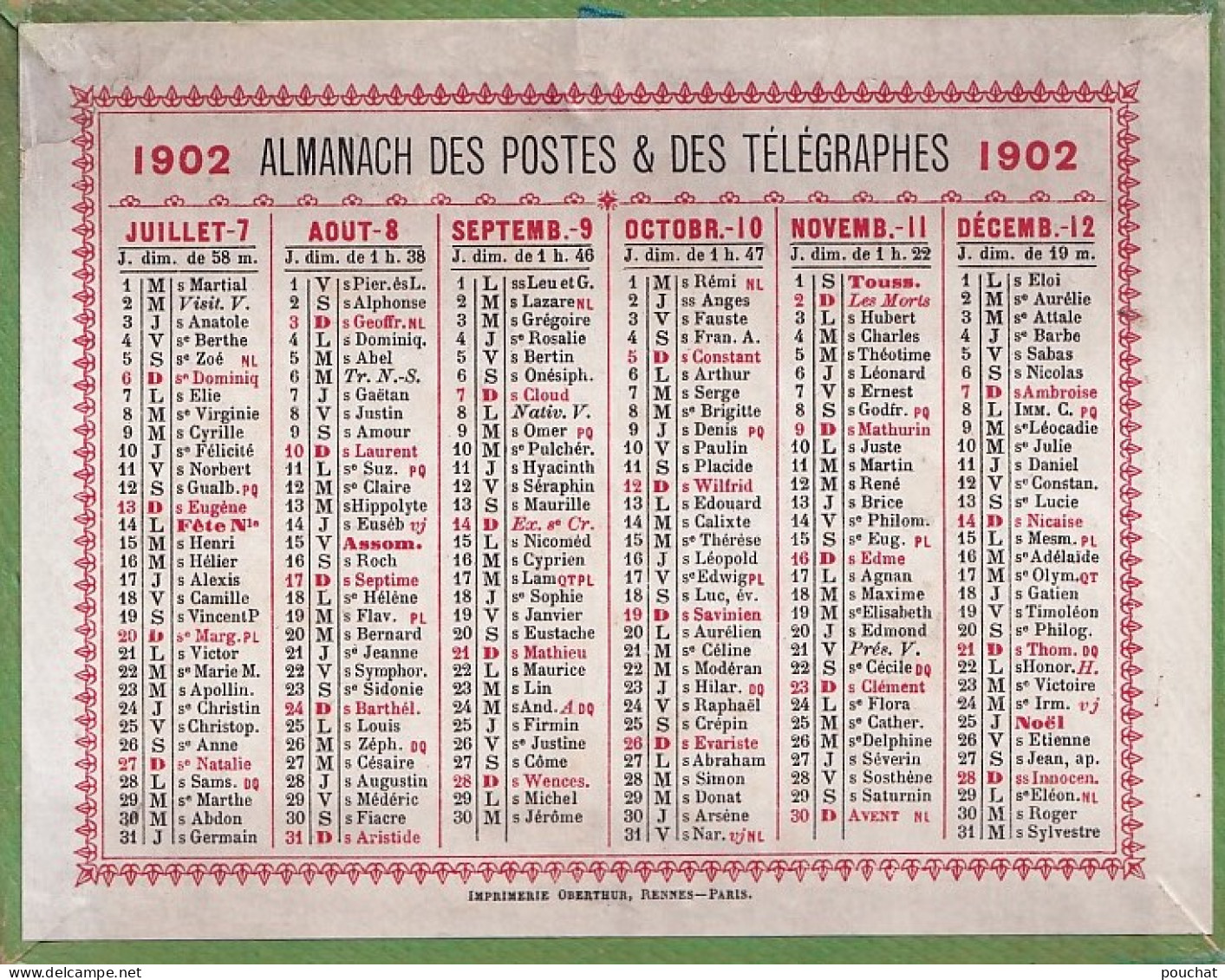 E3- CALENDRIER - ALMANACH 1902 DES POSTES & DES TELEGRAPHES - PETIT FORMAT -  ( 2 SCANS ) - Tamaño Pequeño : 1901-20