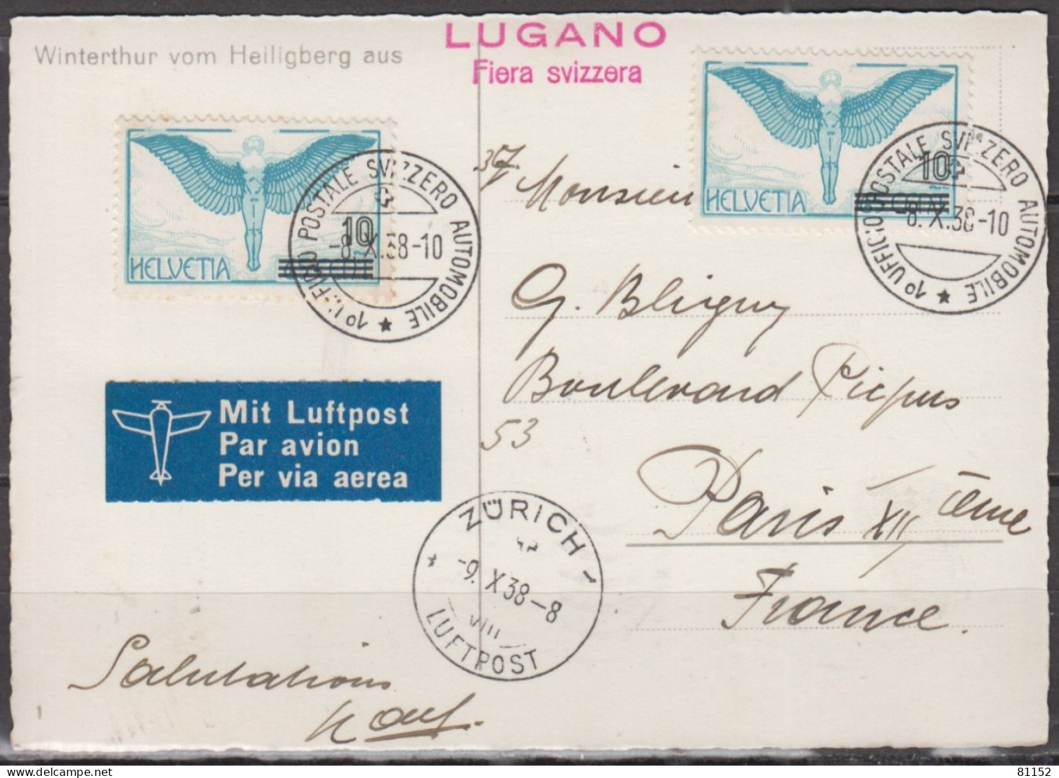Suisse CPA De Winterthur Le 8 X 38  Poste Aérienne 10c Sur 65c X 2  " 1er Ufficio Postale " Cachet LUGANO Fiera Svizzera - Used Stamps