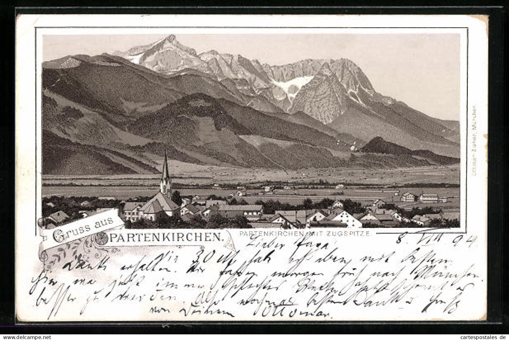 Vorläufer-Lithographie Partenkirchen, 1894, Teilansicht Mit Zugspitze  - Zugspitze