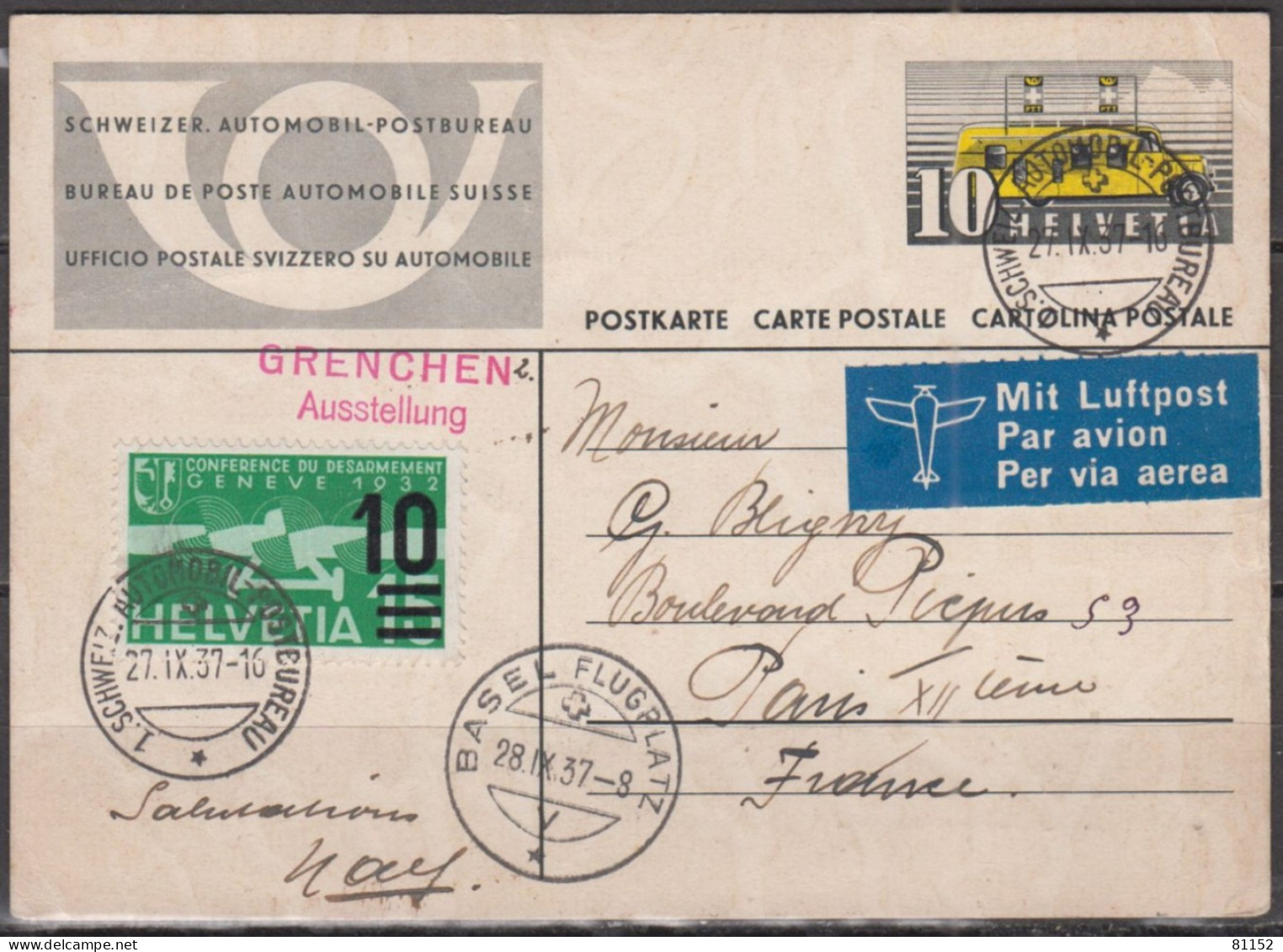 Suisse P.A.  Entier B.P.Auto 10c  Sur CPA 27 IX 37 Cachet " GRENCHEN Ausstellung " Avec 10c.sur 15c Vert Y.et.T.vert - Used Stamps