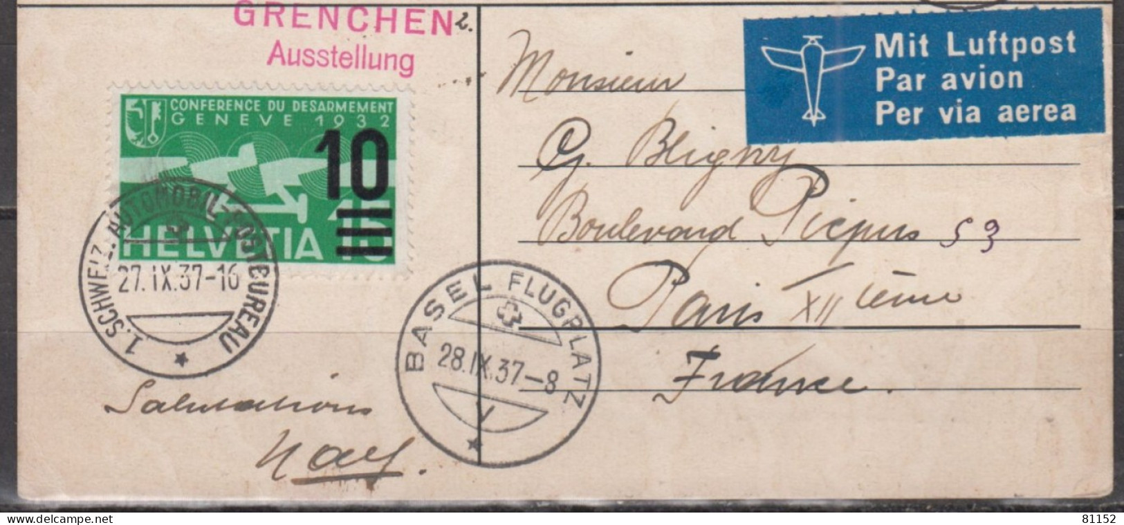 Suisse P.A.  Entier B.P.Auto 10c  Sur CPA 27 IX 37 Cachet " GRENCHEN Ausstellung " Avec 10c.sur 15c Vert Y.et.T.vert - Usados