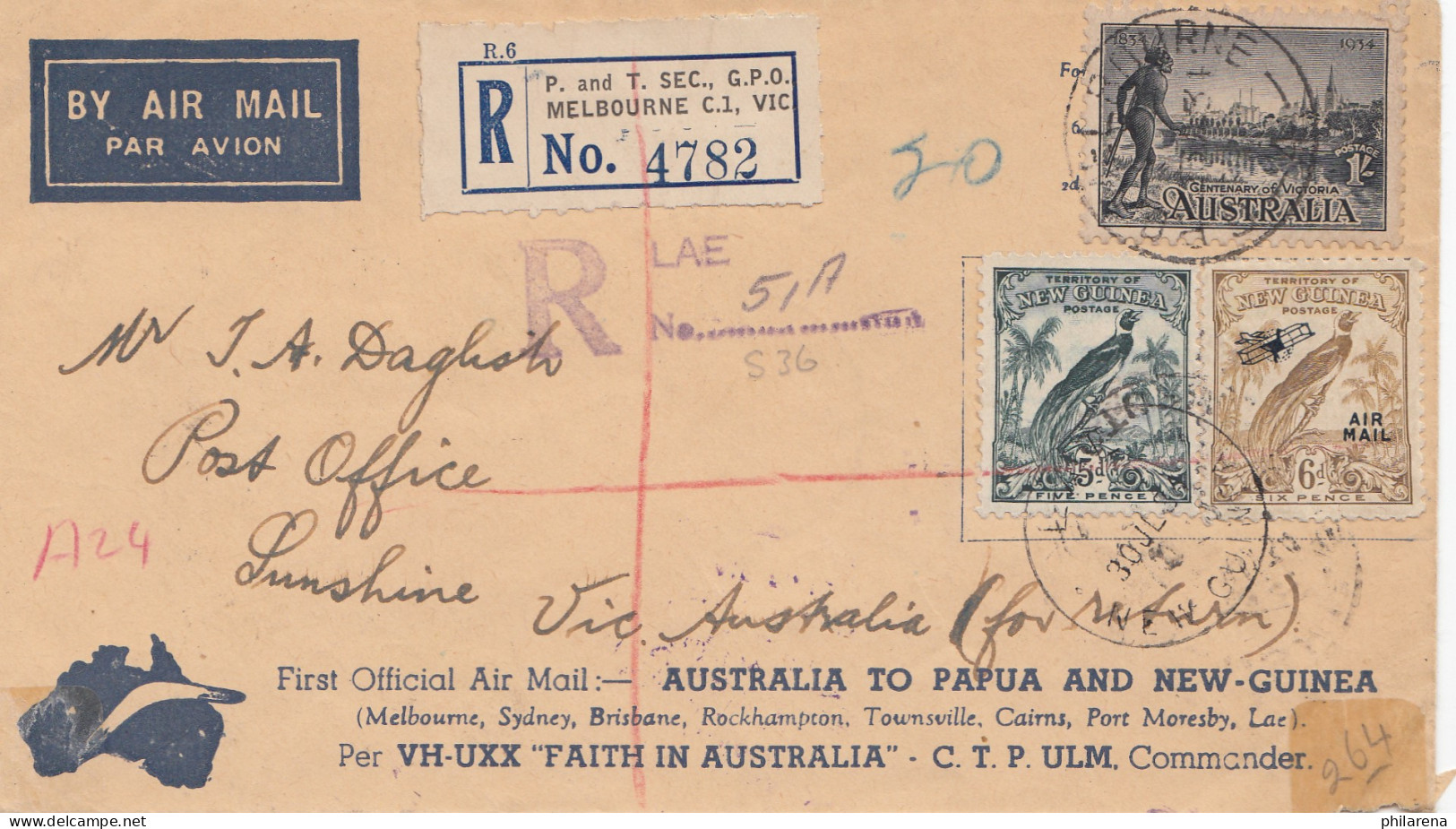 Australia 1934: Air Mail Registered Melourne To Sunshine - A Lot Cancels Reverse - Autres & Non Classés