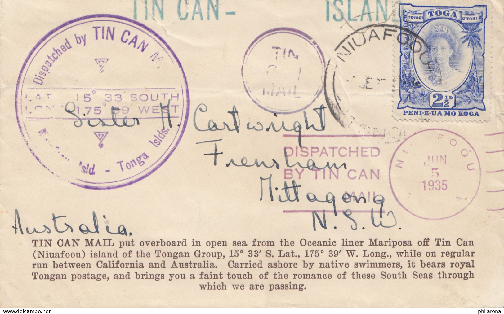 Tonga 1935: Tin Can To Australia - Tonga (1970-...)