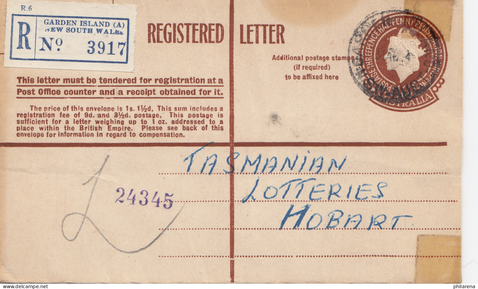 Australia 1954: Registered Letter Garden Island To Hobart - Tasmania - Autres & Non Classés