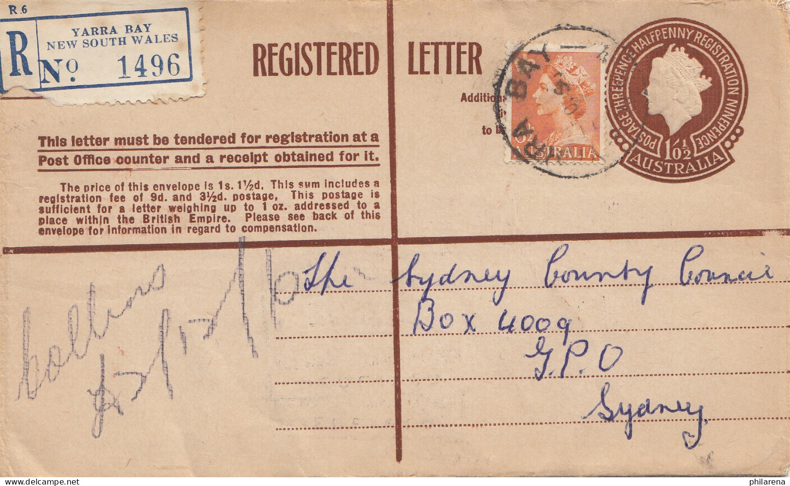 1956: Registered Mail: Yarra Bay To Sydney - Autres & Non Classés