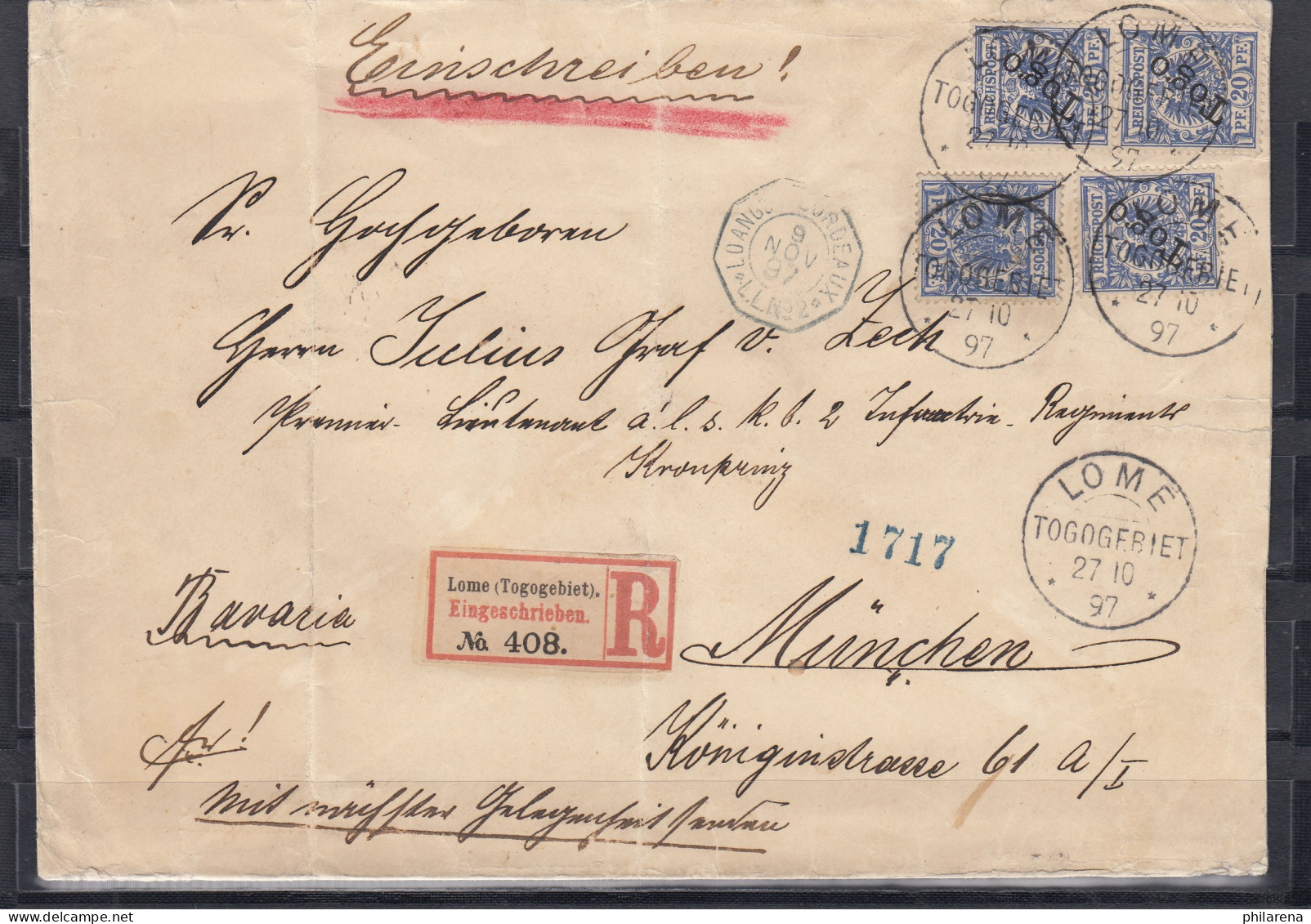 Togo 1897: R-Brief Mit Seltener Mischfrankatur Aus Lome. Interessanter Postweg - Togo