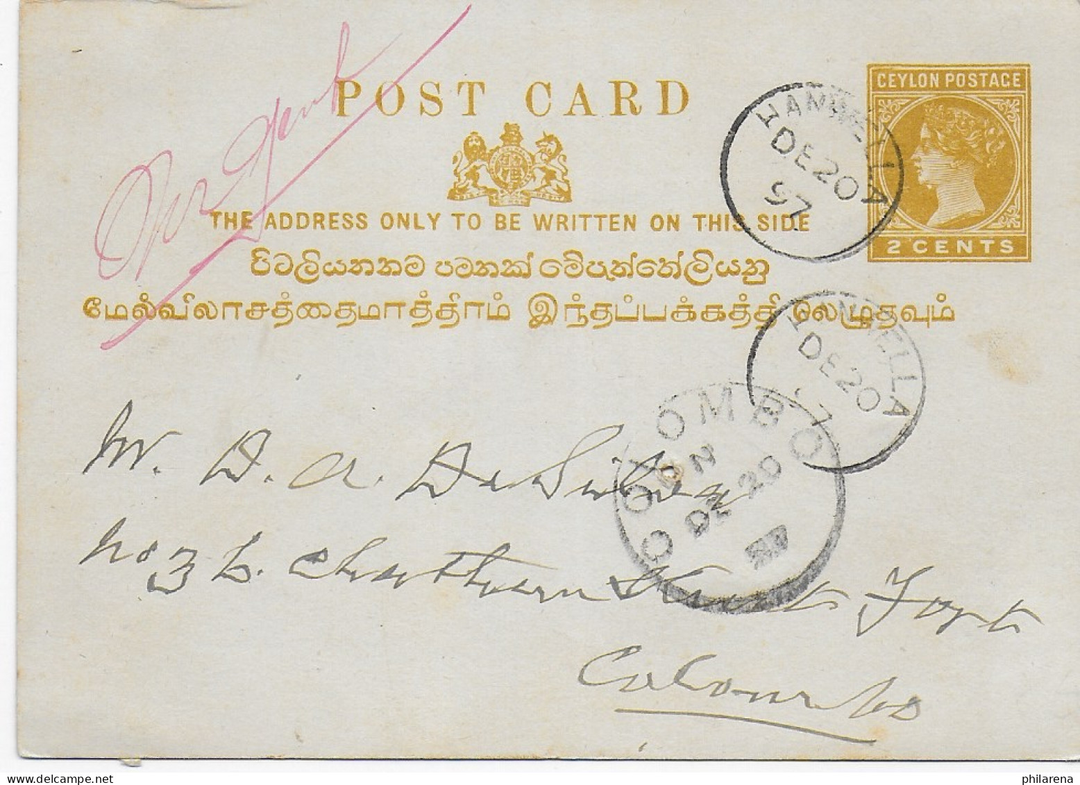 Postkarte 1897 Nach Colombo - Sri Lanka (Ceilán) (1948-...)