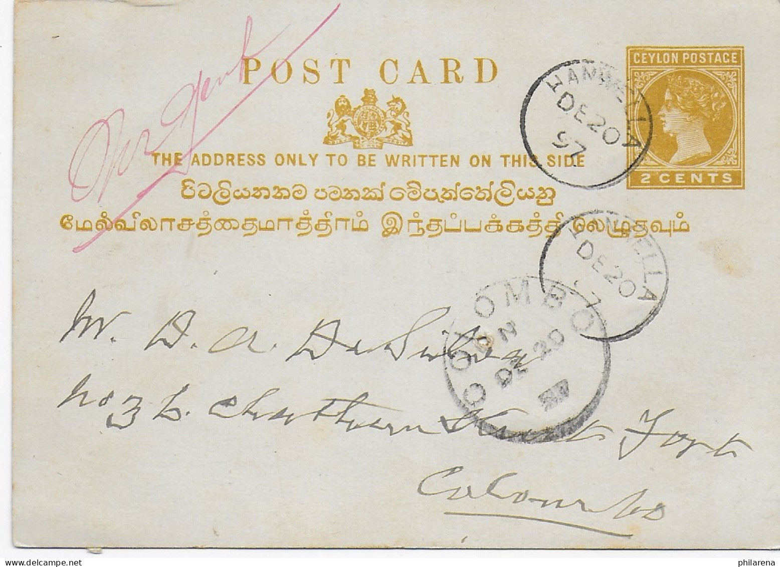 Postkarte 1897 Nach Colombo - Sri Lanka (Ceylan) (1948-...)