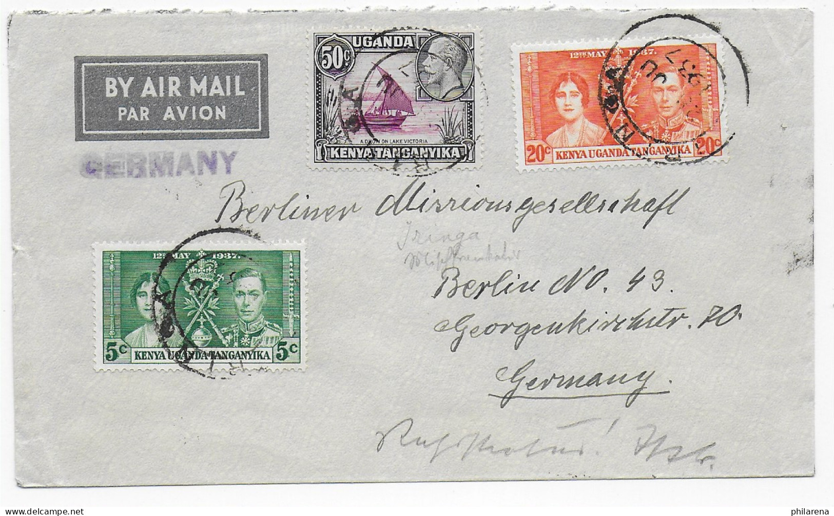 Air Mail, Private Post Bag, Tanganyika Territory, Ilembla Mission 1937 To Berlin - Tanzania (1964-...)