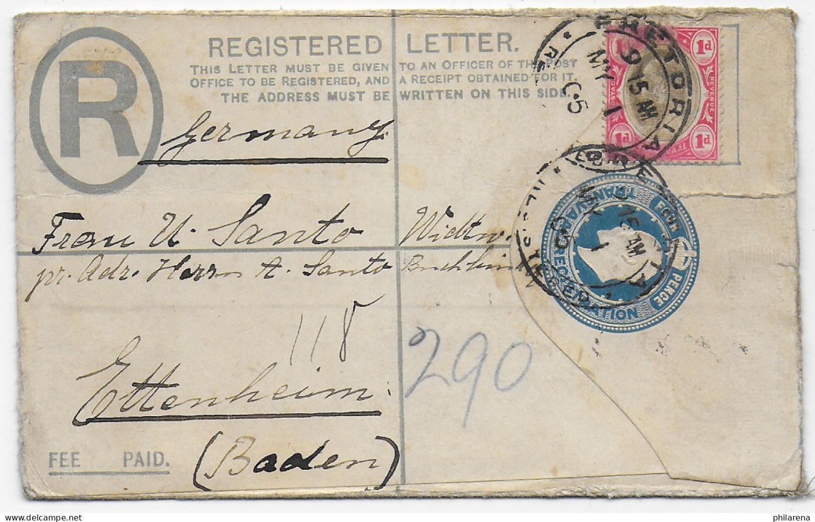 Registered Letter 1905 Transvaal Nach Ettenheim - Sonstige & Ohne Zuordnung