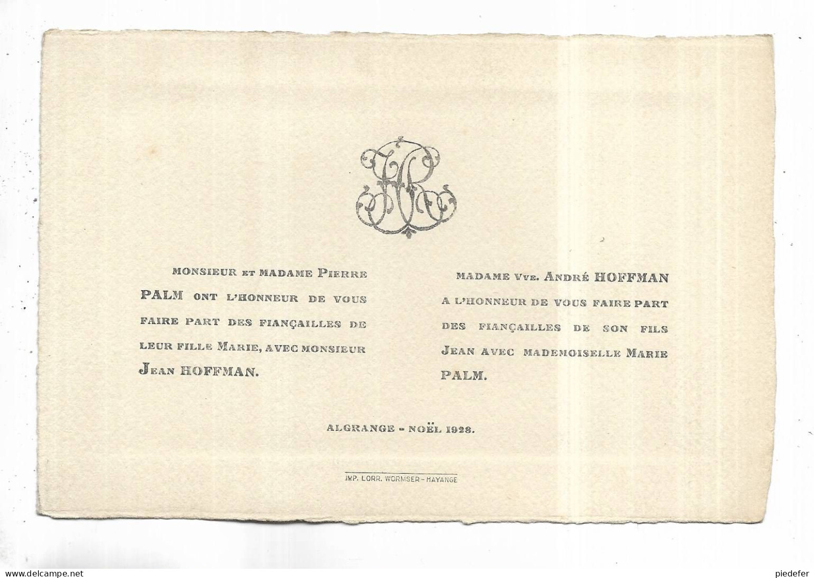 57  - Faire-part De Fiançailles Entre Jean HOFFMANN Et Marie PALM - ALGRANGE ( Moselle ) Noël 1928 - Verlobung