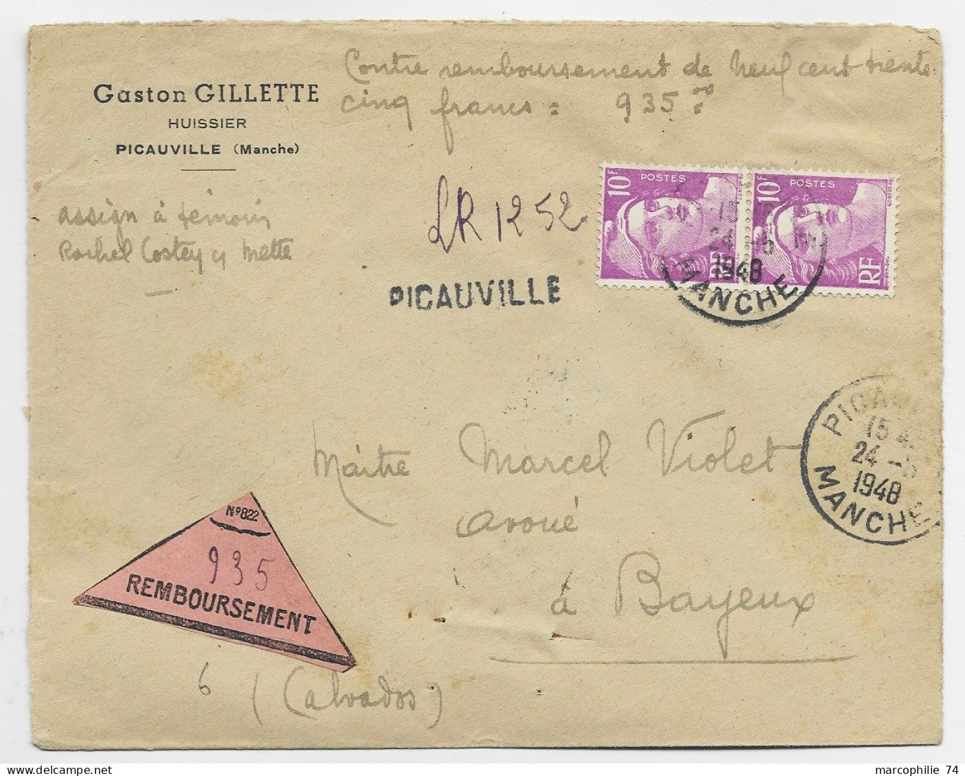 FRANCE GANDON 10FR VIOLETX2 LETTRE REC PROVISOIRE PICAUVILLE 1948 MANCHE + ETIQUETTE REMBOURSEMENT - 1945-54 Marianne Of Gandon