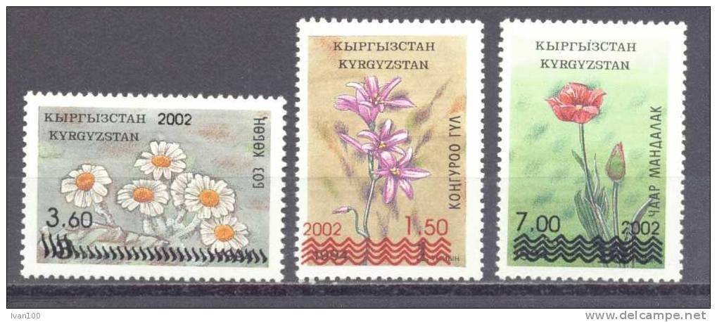 2002. Kyrgyzstan, Overprints On Perforated Flowers Stamps, 3v, Mint/** - Kirghizistan