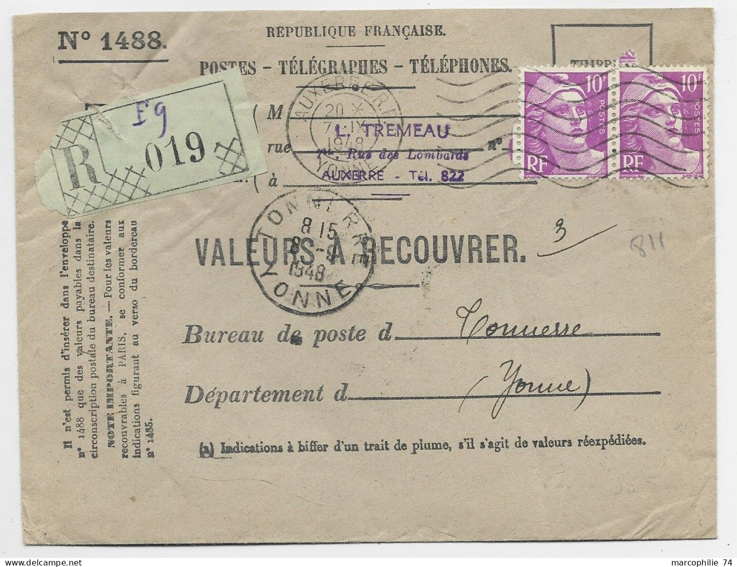 FRANCE GANDON 10FR VIOLETX2 ENVELOPPE VALEURS A RECOUVRER MEC AUXERRE 7.IX .1948  AU TARIF - 1945-54 Marianne Of Gandon