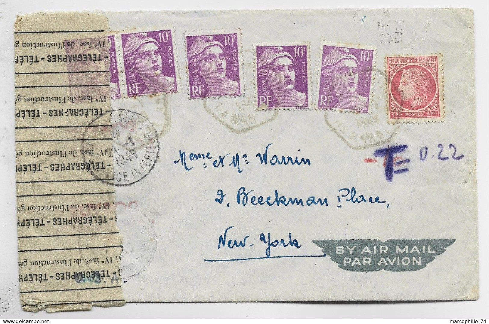 FRANCE GANDON 10FR VIOLETX5+1FR MAZELIN LETTRE COVER ?? MARNE 1949 POUR USA TAXE 0.22 + BANDE PTT + DOUANE - 1945-54 Maríanne De Gandon