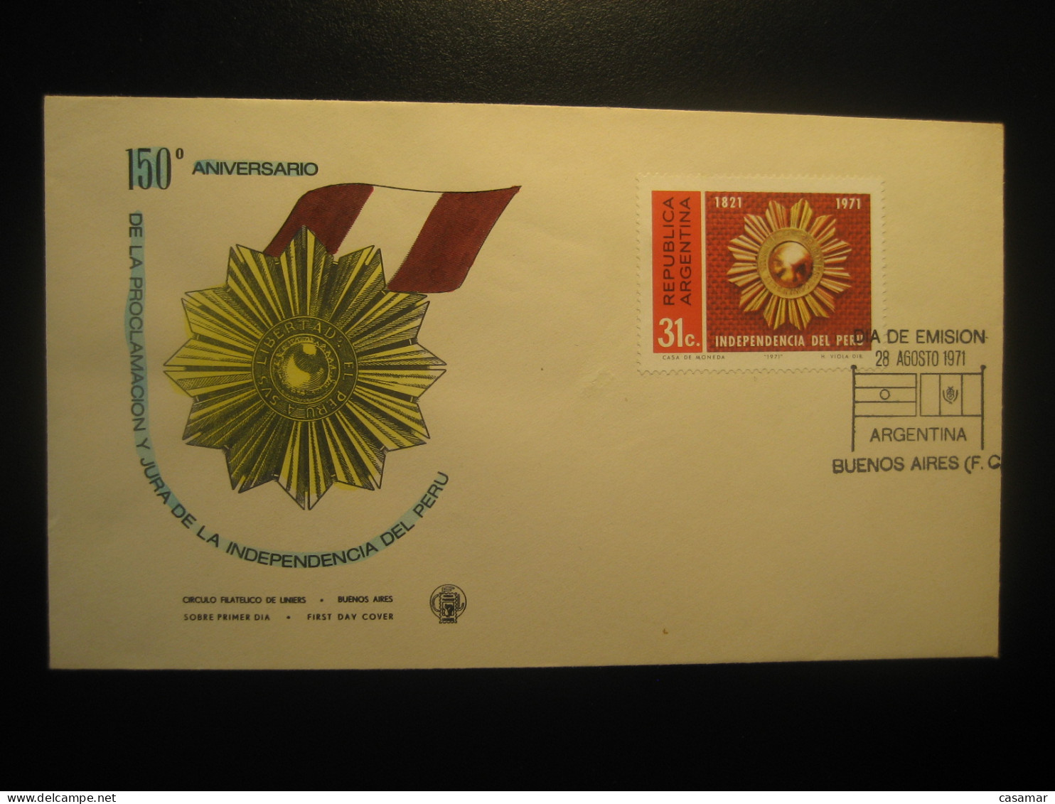 1971 150 Anniv. Independencia De PERU Medal Flag FDC Cancel Cover ARGENTINA Buenos Aires - Peru