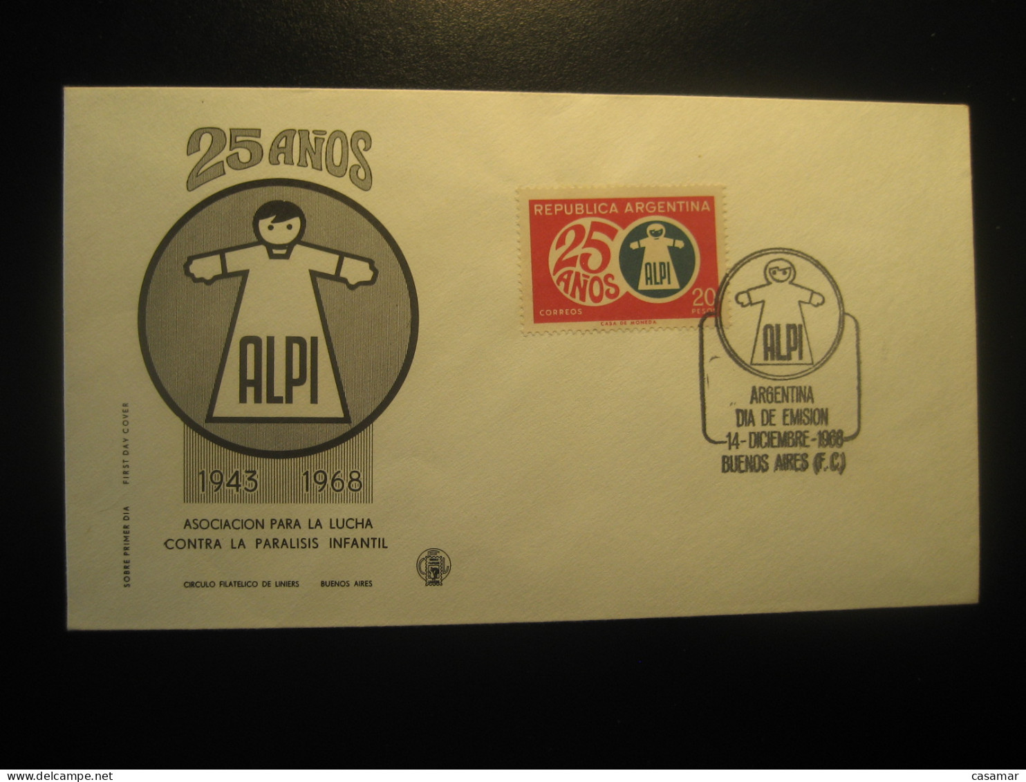 1968 ALPI Paralisis Infantil Infantile Paralysis Health Sante FDC Cancel Cover ARGENTINA Buenos Aires - Enfermedades