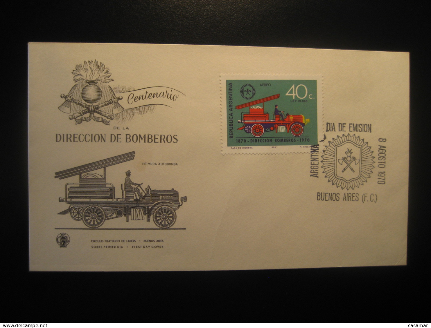 1970 Autobomba Bomberos Van Truck Fire Fireman Firemen FDC Cancel Cover ARGENTINA Buenos Aires - Bombero