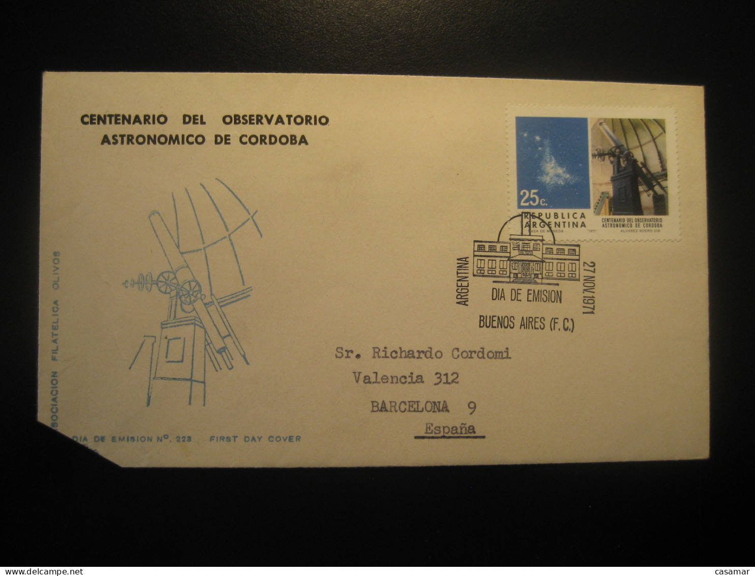 1971 Cordoba Observatory Astronomy Astronomie Space Spatial FDC Cancel Slight Damaged Cover ARGENTINA Buenos Aires - Astronomie