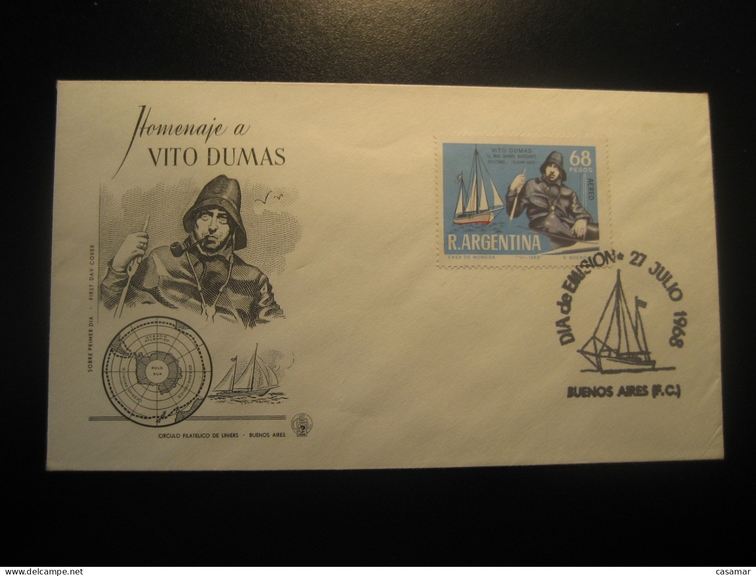 1968 Vito Dumas Explorer South Pole Polar Antartida Antarctic Antarctique FDC Cancel Cover ARGENTINA Buenos Aires - Other & Unclassified