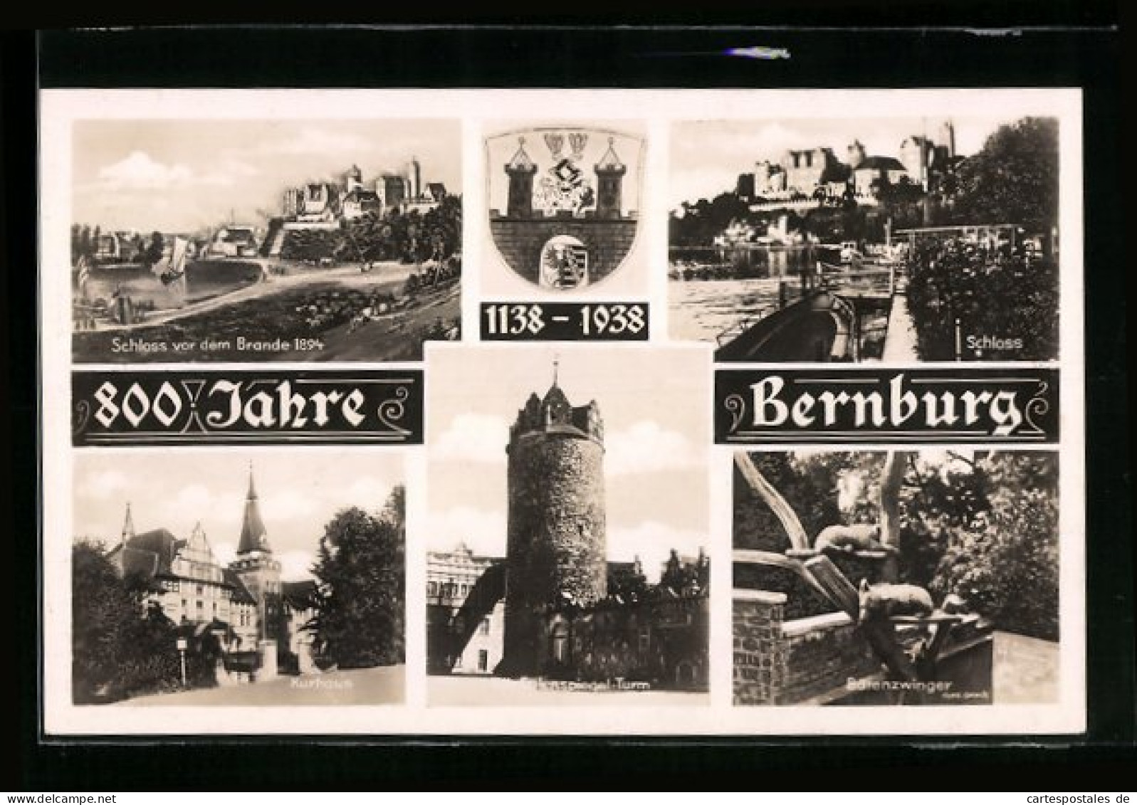 AK Bernburg, Schloss Vor Dem Brand 1894, Bärenzwinger, Kurhaus, Till-Eulenspiegelturm, Festpostkarte 1938  - Bernburg (Saale)